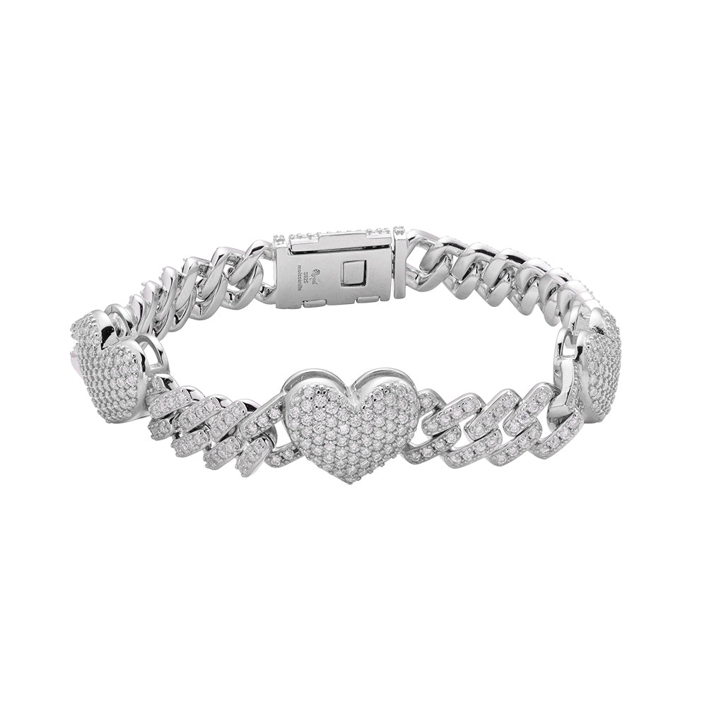 Sterling Silver Round Moissanite Cuban Heart Link Designer 7.5 Inch Bracelet RP 5-5/8 Cttw