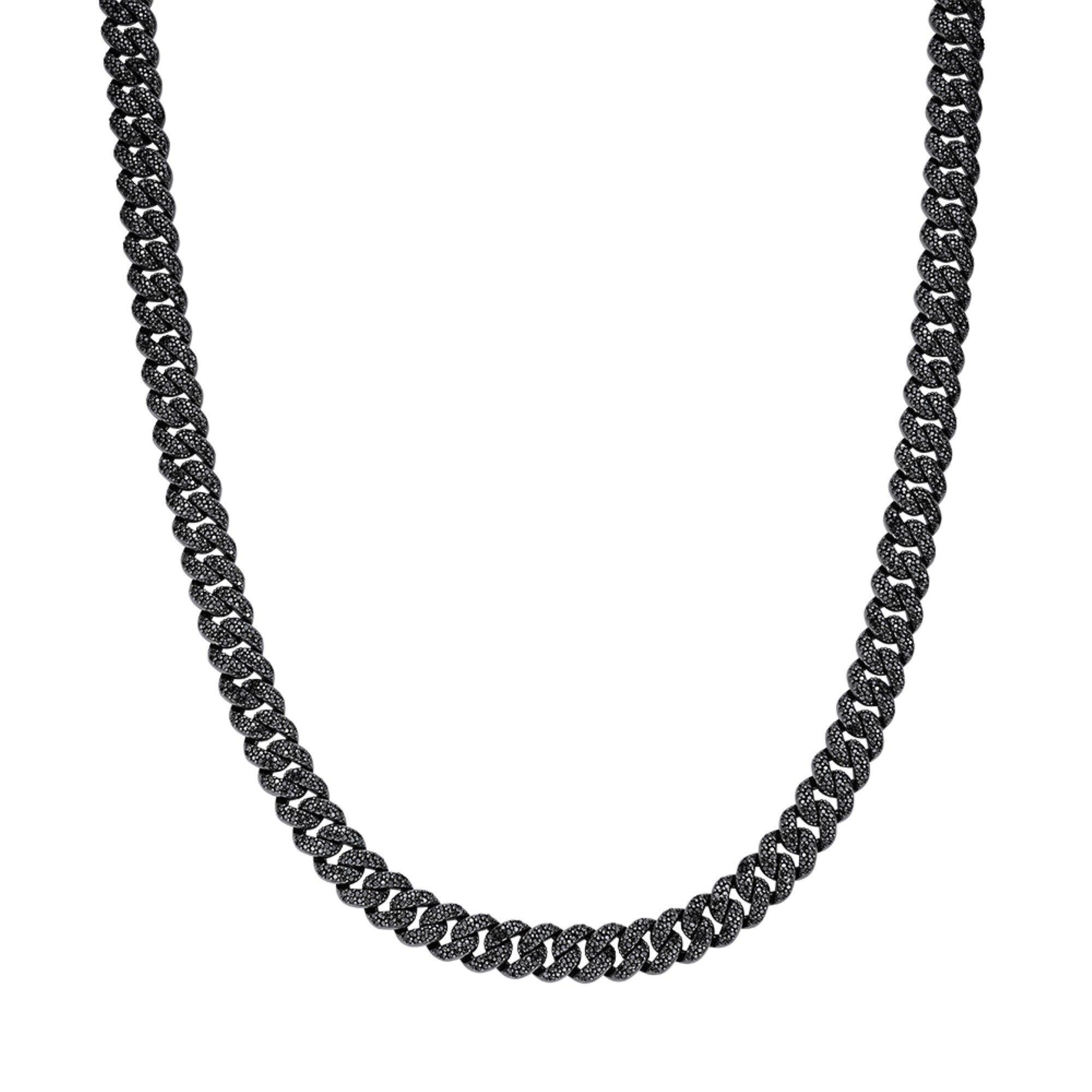 Sterling Silver 10mm Round Black Moissanite Miami Cuban Chain 22 Inch Mens Necklace BP+BP 13-5/8 Cttw