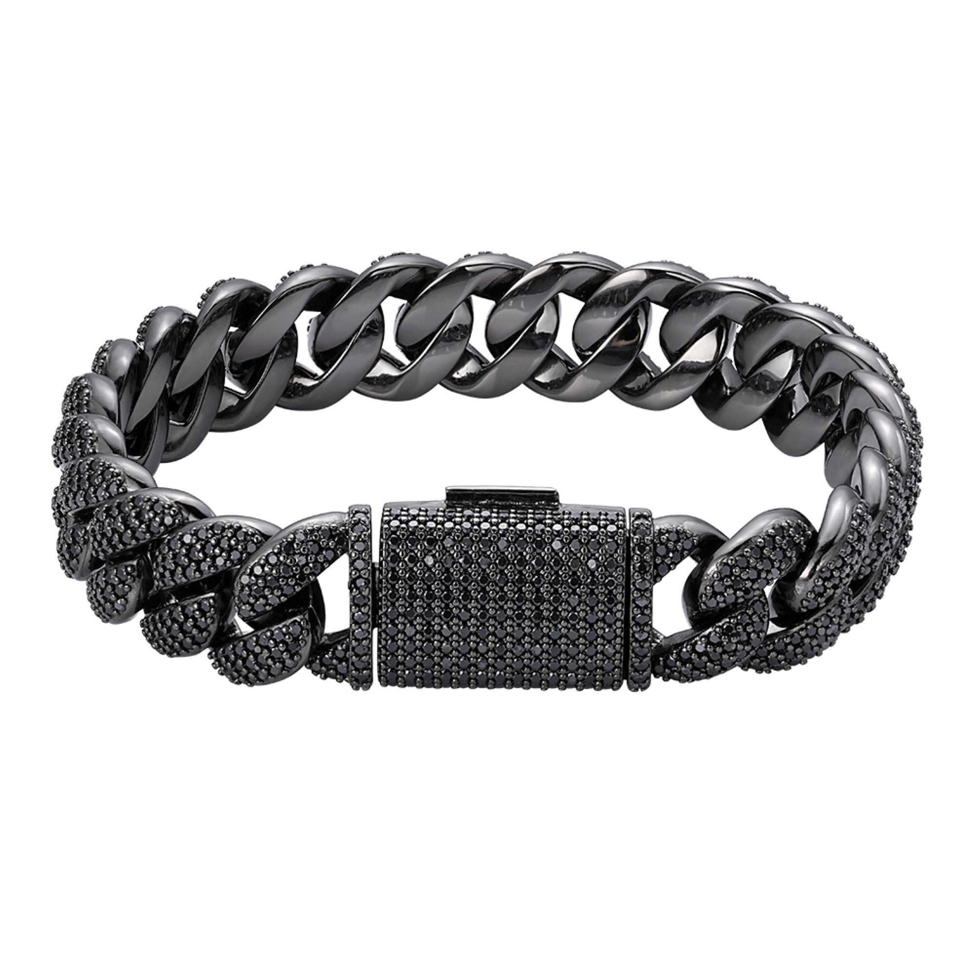 Sterling Silver 15mm Round Black Moissanite Miami Cuban 8.5 Inch Mens Bracelet BP+BP 12-1/10 Cttw