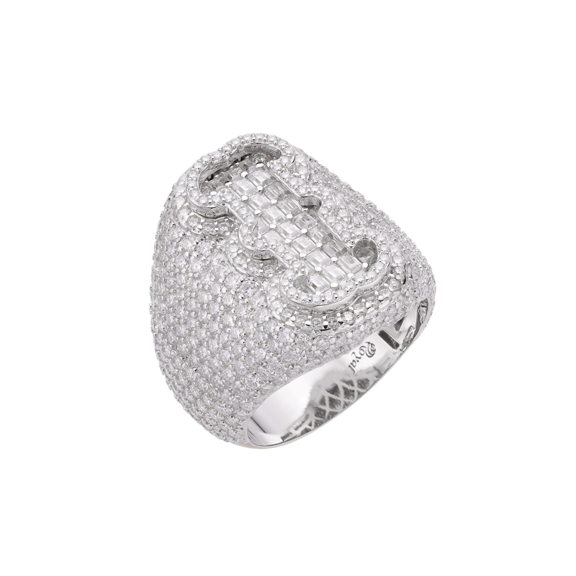 Sterling Silver Round Baugette Moissanite Albhabet I letter Initial SZ 10 Mens Ring RP 6-1/2 Cttw