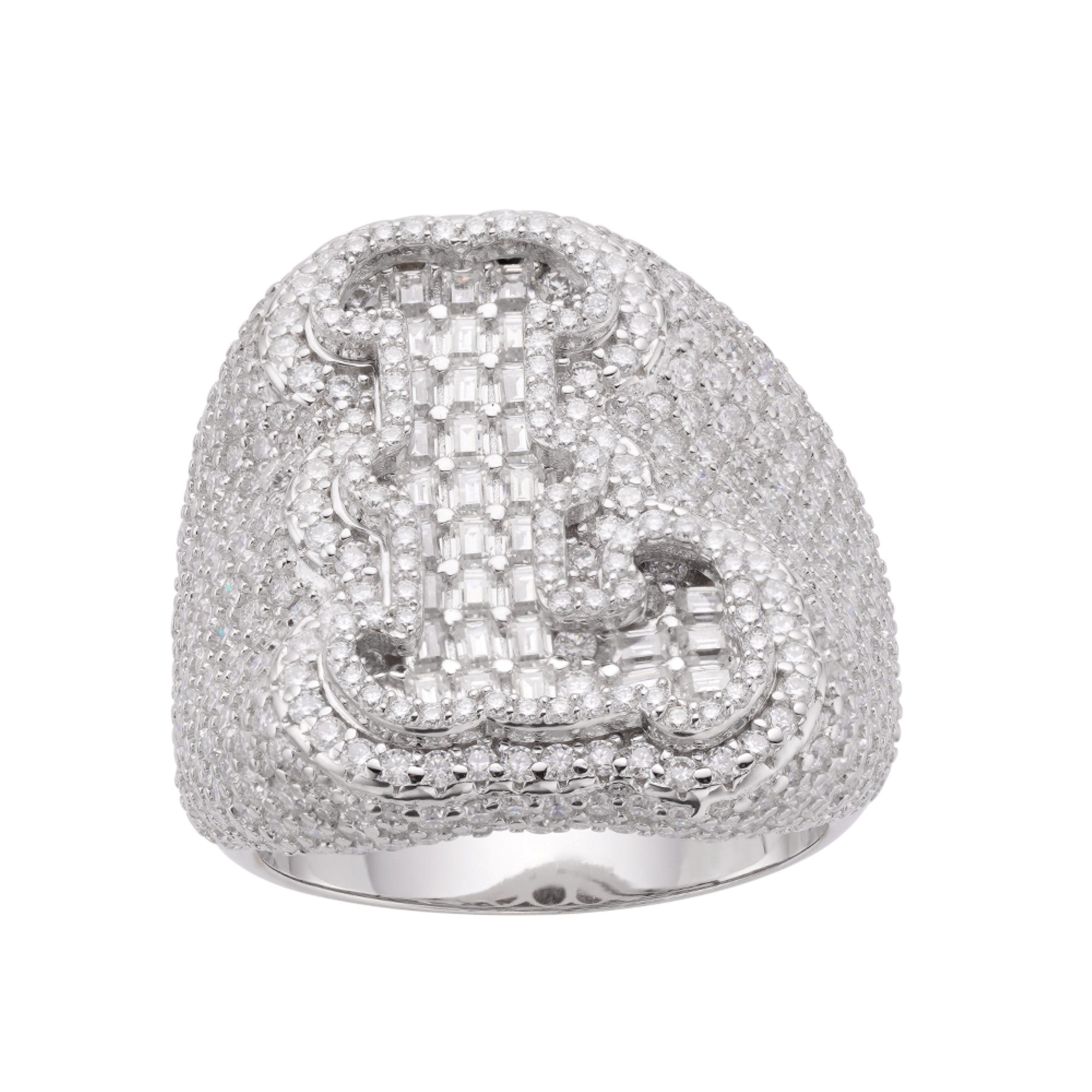 Sterling Silver Round Baugette Moissanite Albhabet L letter Initial SZ 10 Mens Ring RP 6-5/8 Cttw