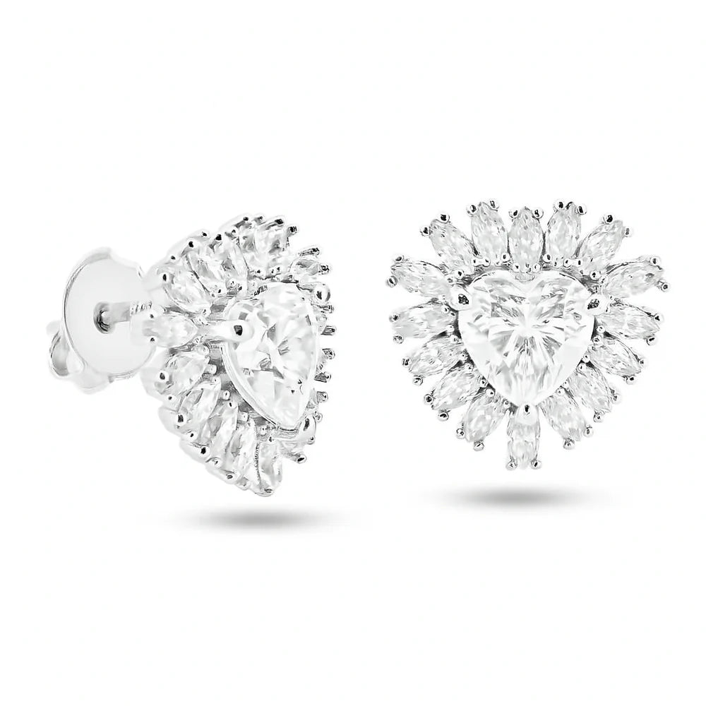 Sterling Rhodium Plated 925 Sterling Silver Moissanite Stone Heart Earring