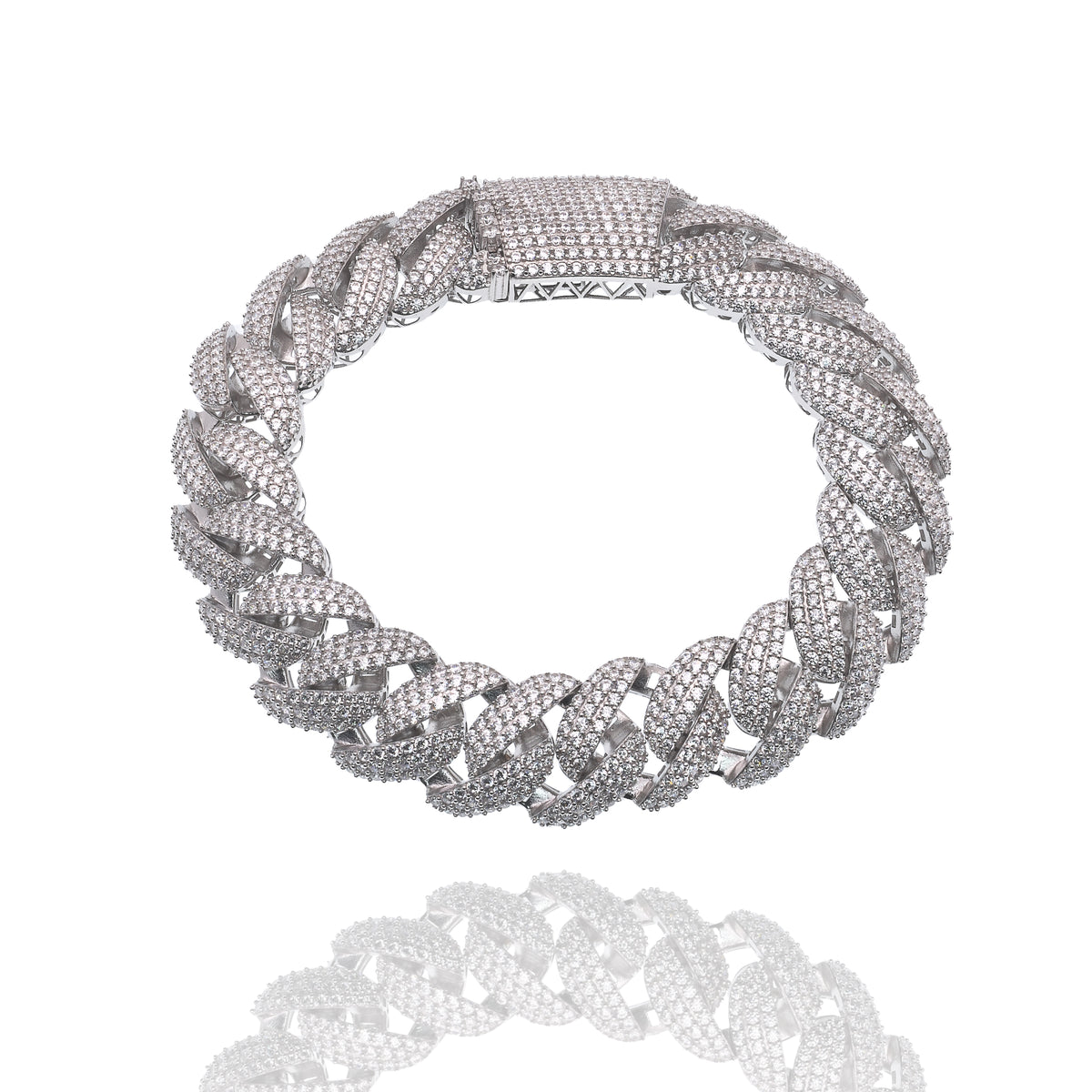 Rhodium Plated 925 Sterling Silver Pave Moissanite Iced Out Cuban Link 17mm Bracelet