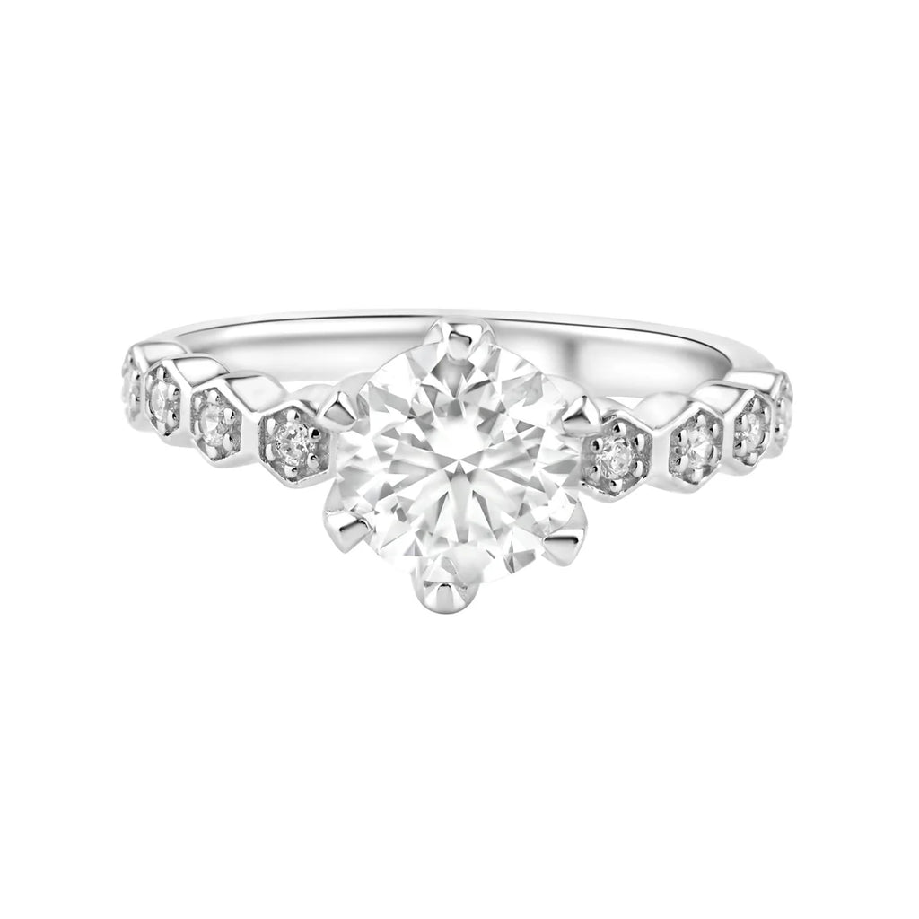 Rhodium Plated 925 Sterling Silver 1 Carat Round Moissanite and Clear CZ Ring
