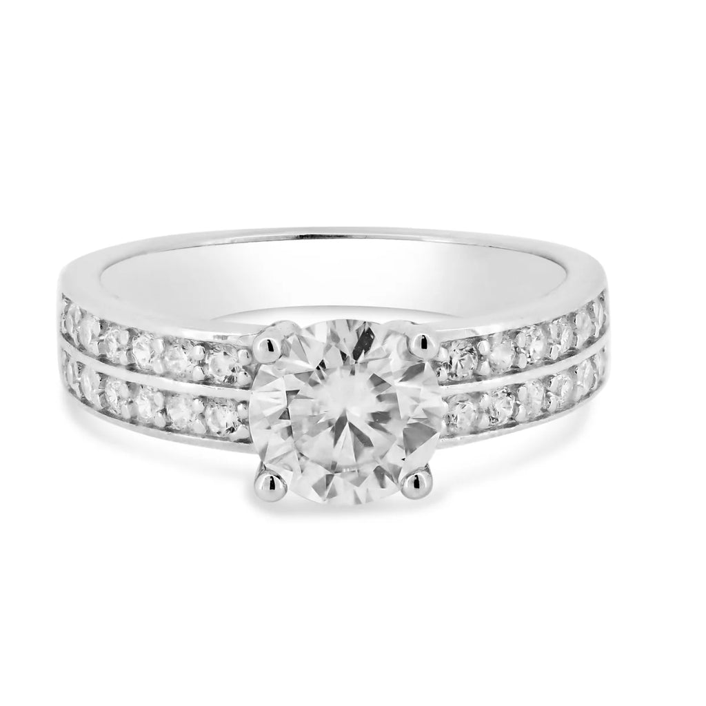 Rhodium Plated 925 Sterling Silver Double Row Shank Round Moissanite Stones Ring