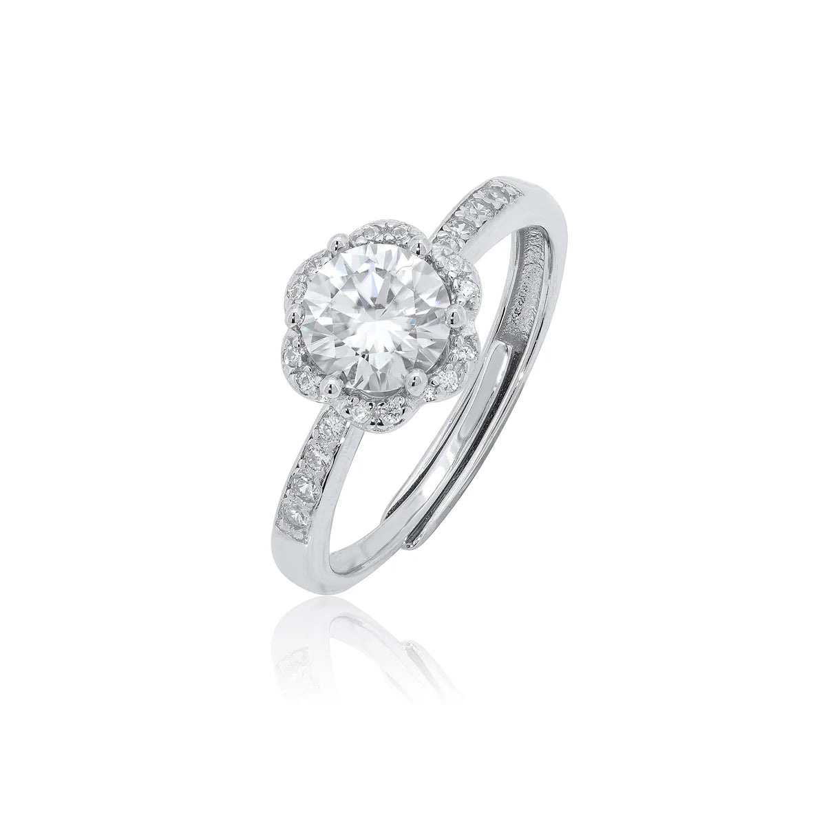 Rhodium Plated 925 Sterling Silver Floral Halo 9.2mm Moissanite Engagement Ring