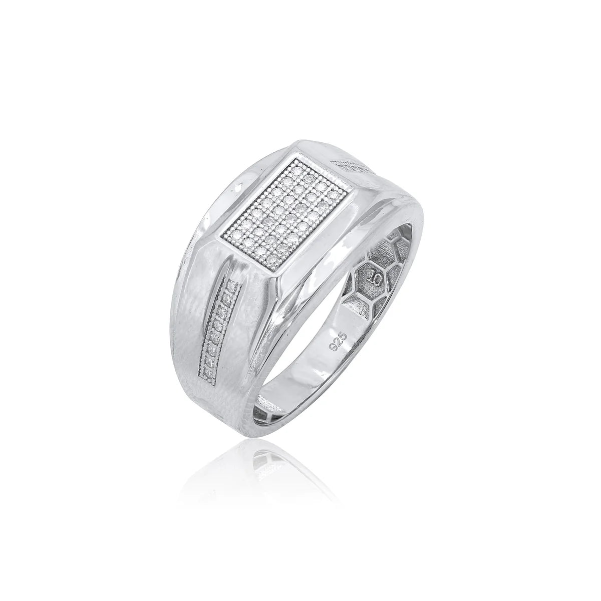 Rhodium Plated 925 Sterling Silver Men's Classic Moissanite Rectangle Top 13mm Ring