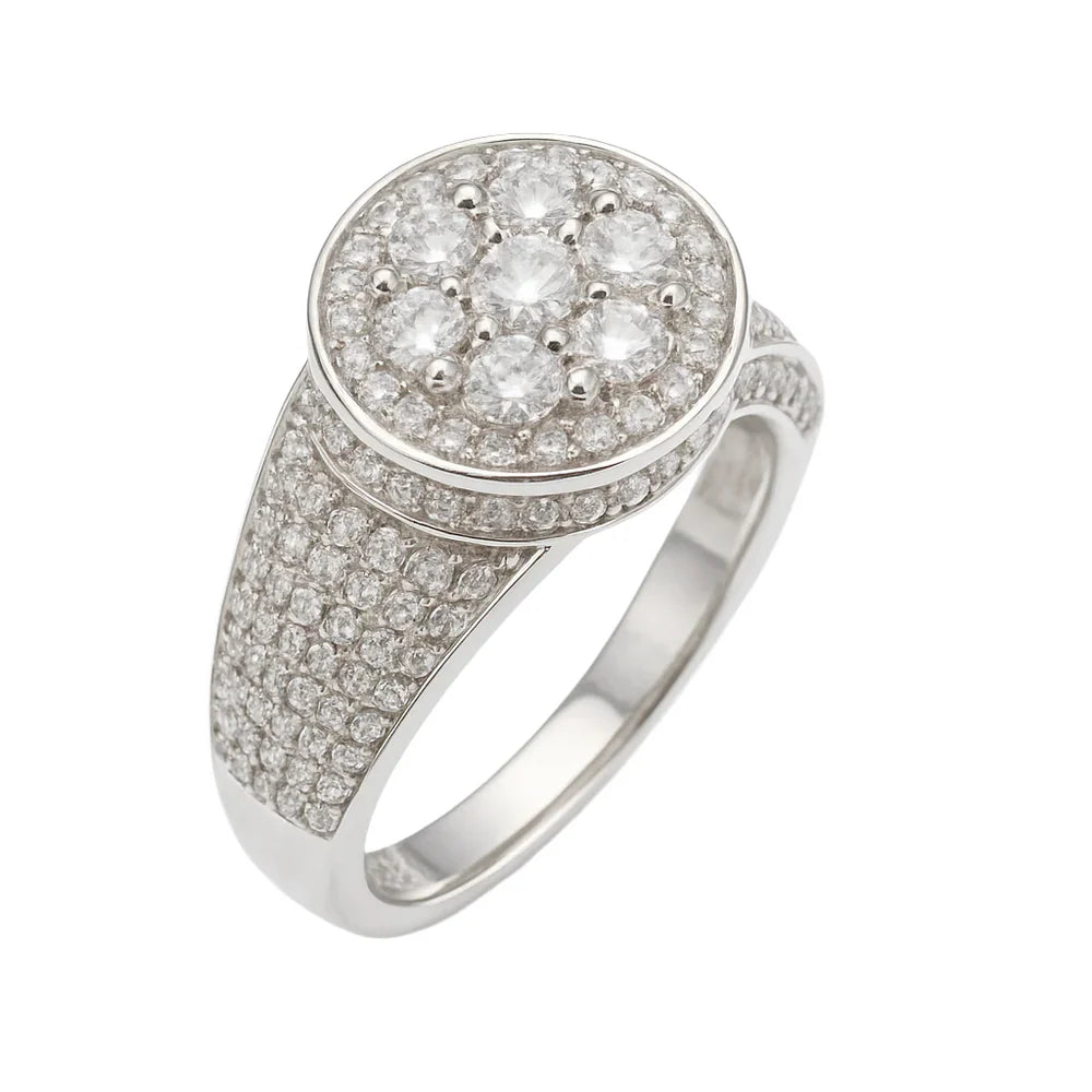 Rhodium Plated 925 Sterling Silver Men's Classic Moissanite Round Pave Encrusted 12.8mm Ring