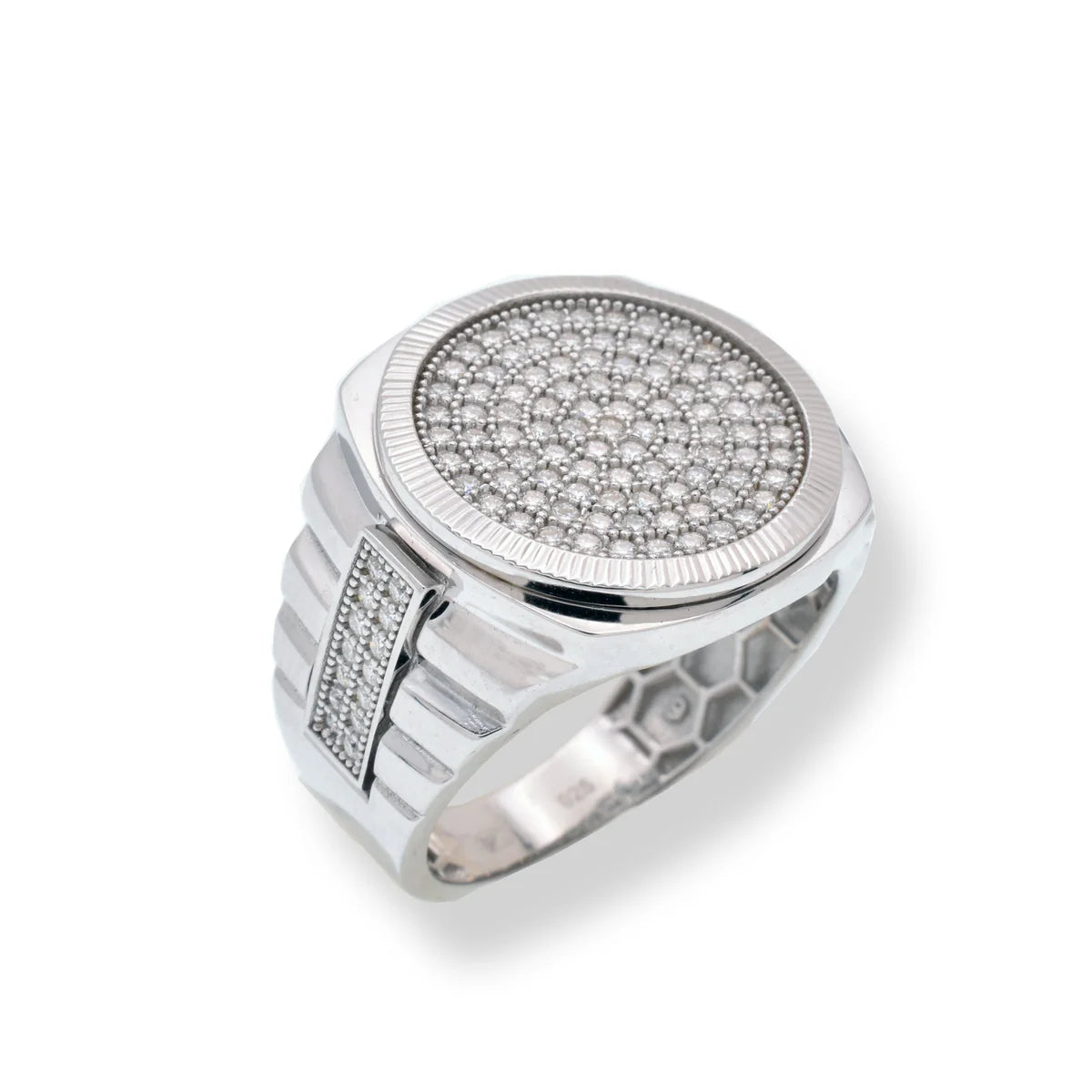 Rhodium Plated 925 Sterling Silver Men's Moissanite Stone Diamond Cut Round Bezel 18mm x 18.5mm Statement Ring
