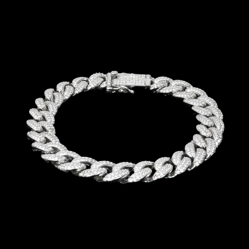 Rhodium Plated 925 Sterling Silver Moissanite Miami Cuban 9.5mm Bracelet or Necklace