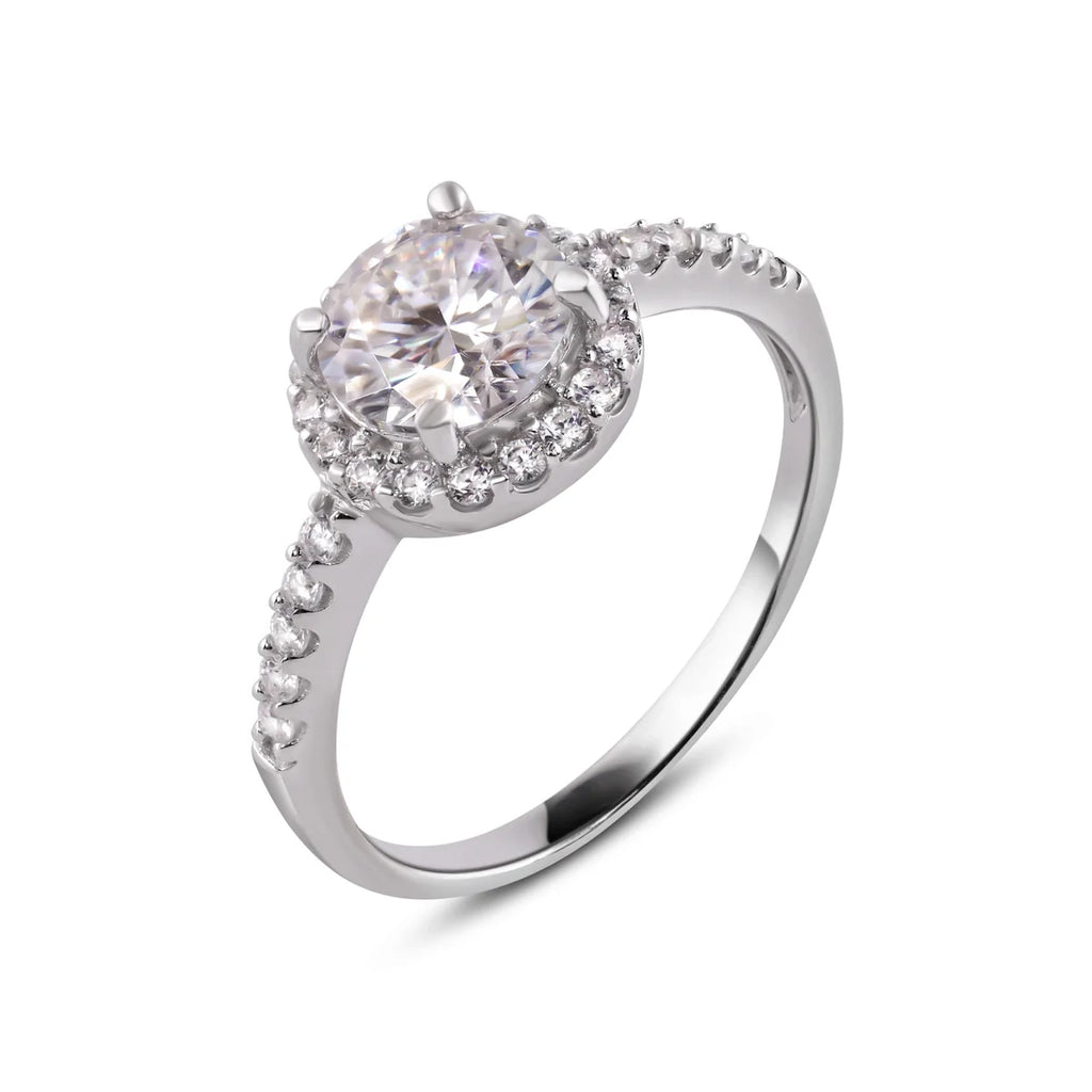 Rhodium Plated 925 Sterling Silver Moissanite Stone Engagement Halo Ring