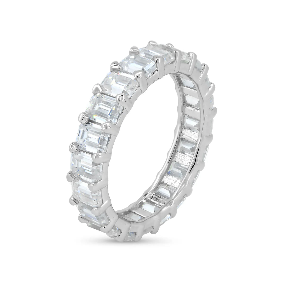 Rhodium Plated 925 Sterling Silver Square Moissanite Stone Eternity Band Ring