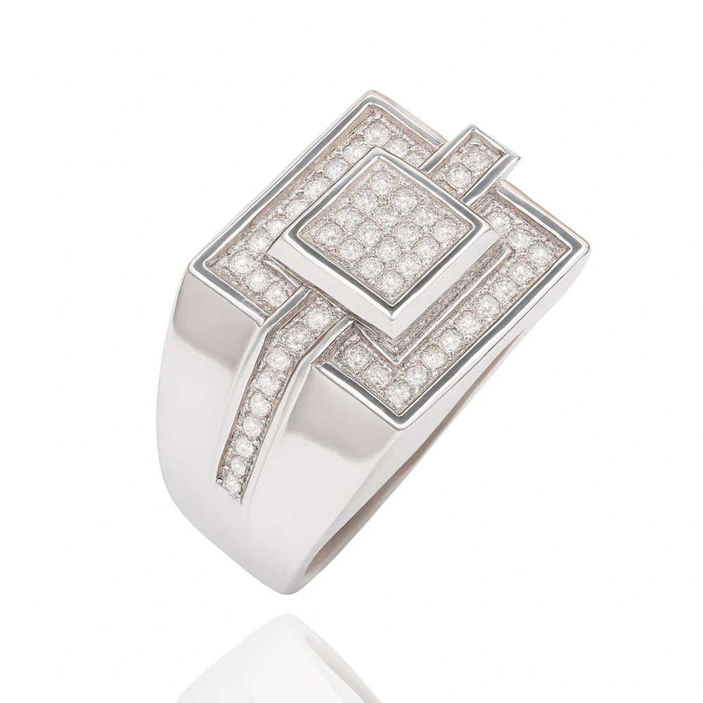 Rhodium Plated 925 Sterling Silver Square Top Moissanite Pave Men's Statement Ring