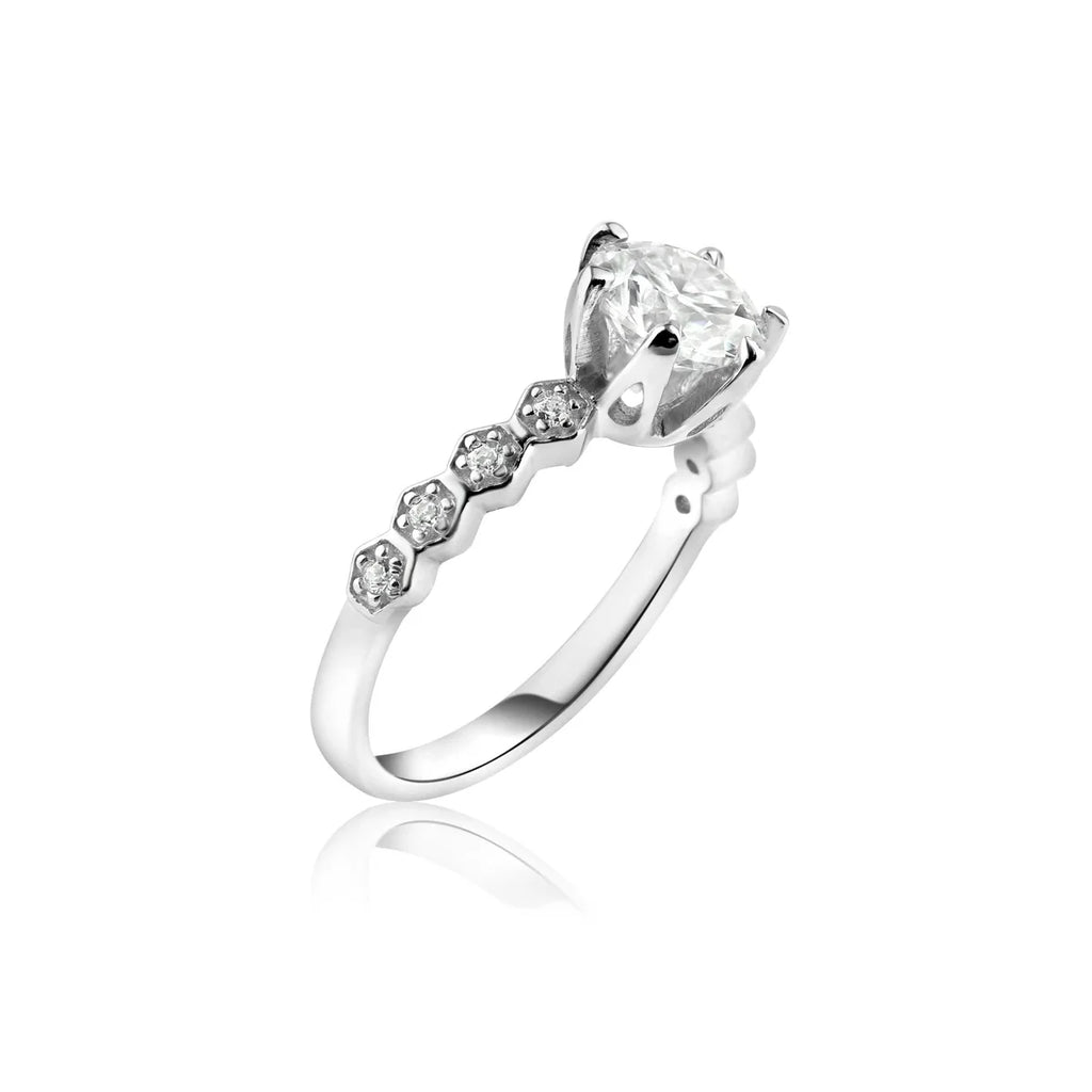 Rhodium Plated 925 Sterling Silver 1 Carat Round Moissanite and Clear CZ Ring