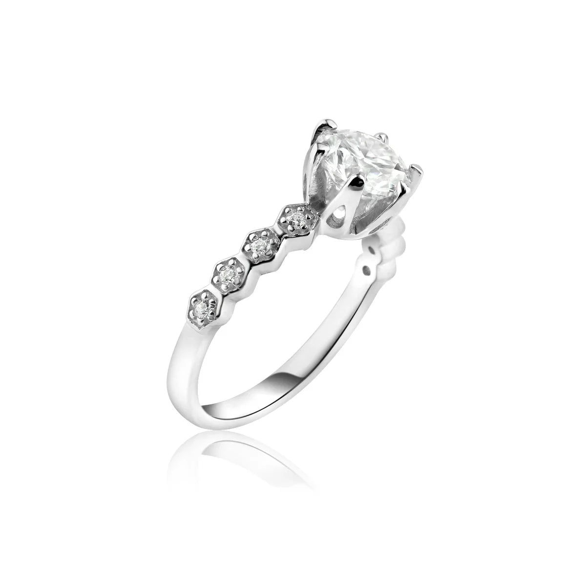 Rhodium Plated 925 Sterling Silver 1 Carat Round Moissanite and Clear CZ Ring