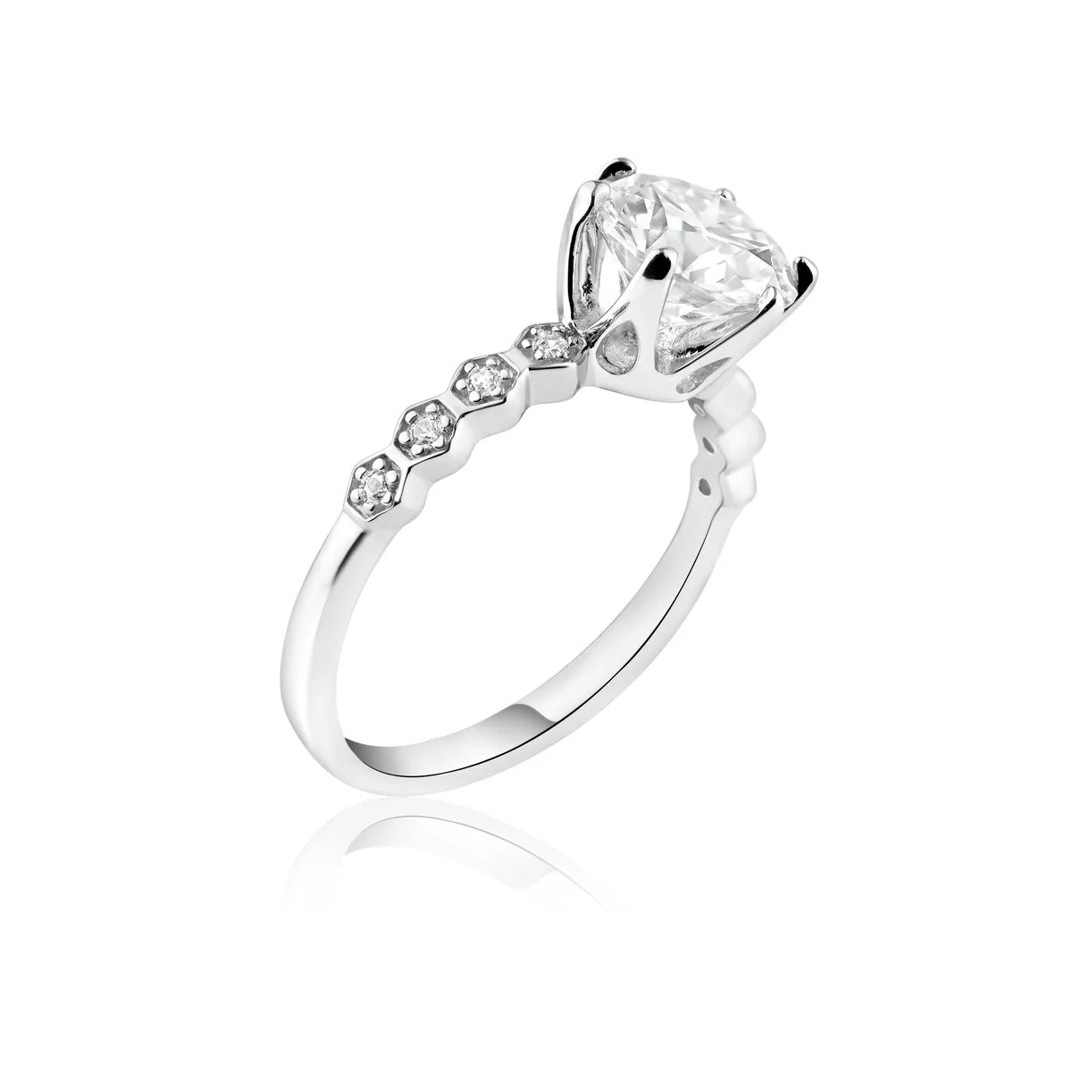 Rhodium Plated 925 Sterling Silver 2 Carat Round Moissanite and Clear CZ Ring