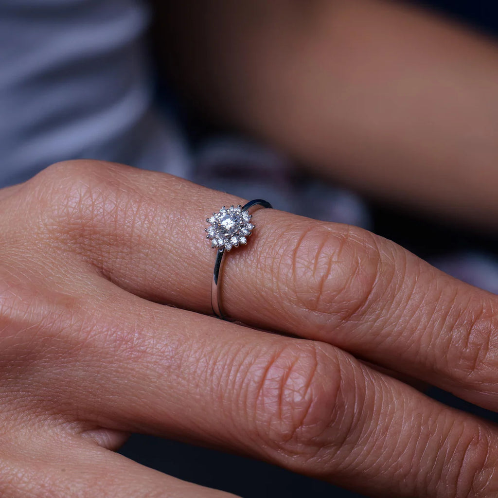 Rhodium Plated 925 Sterling Silver Flower Moissanite Ring