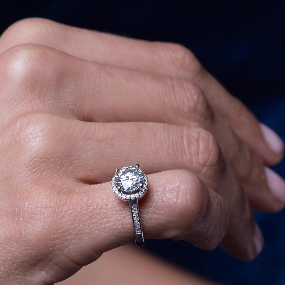 Rhodium Plated 925 Sterling Silver Halo Round Moissanite Stones Ring