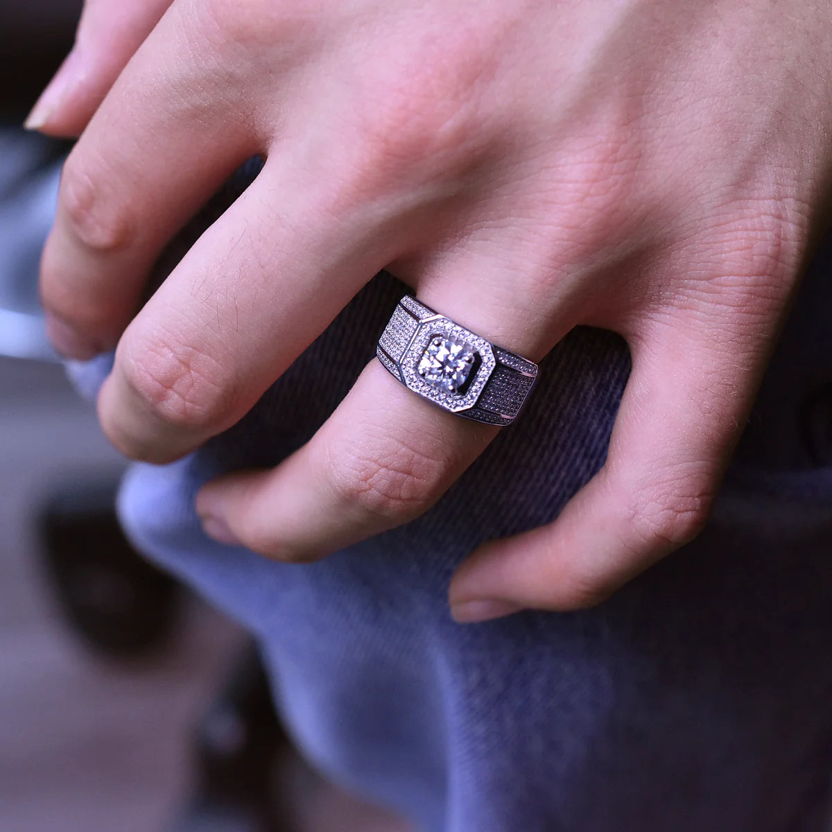 Rhodium Plated 925 Sterling Silver Men's 1 Carat Moissanite Stones Encrusted Statement Ring