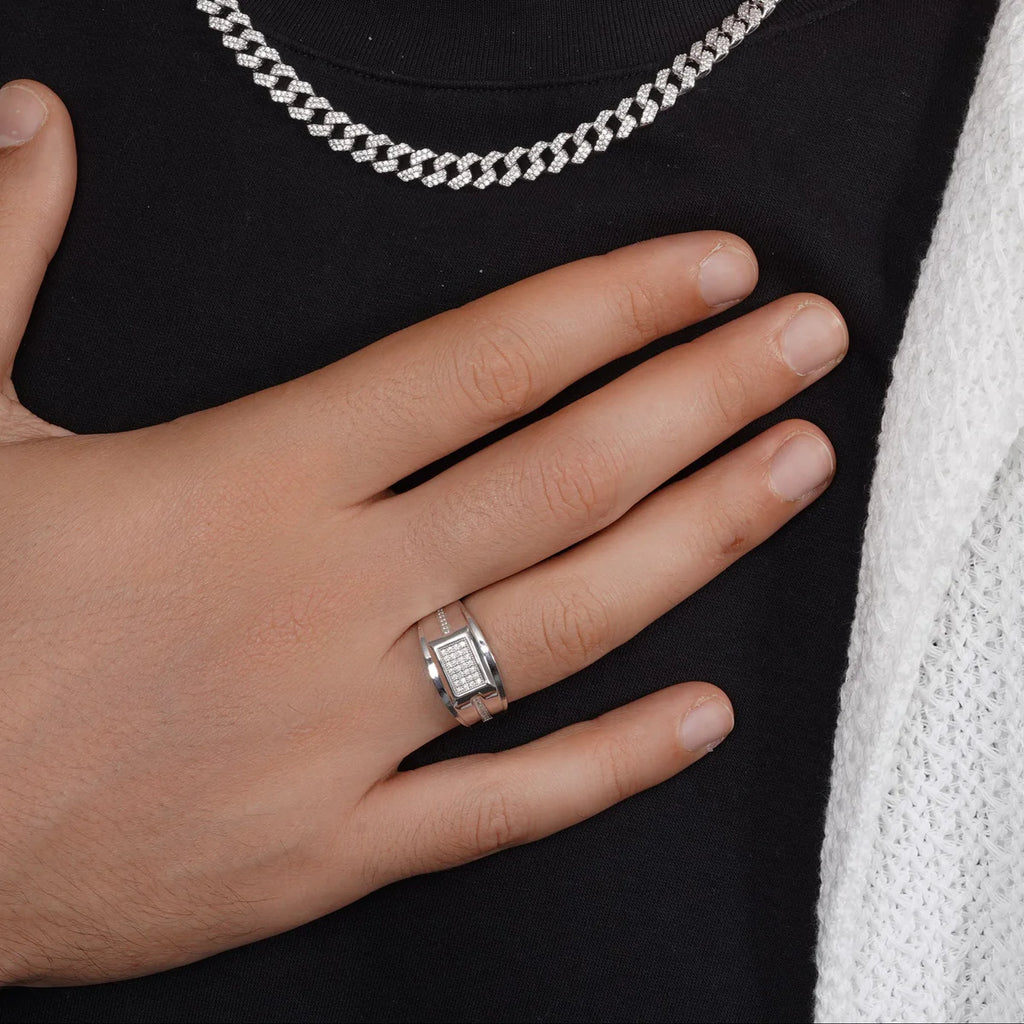 Rhodium Plated 925 Sterling Silver Men's Classic Moissanite Rectangle Top 13mm Ring