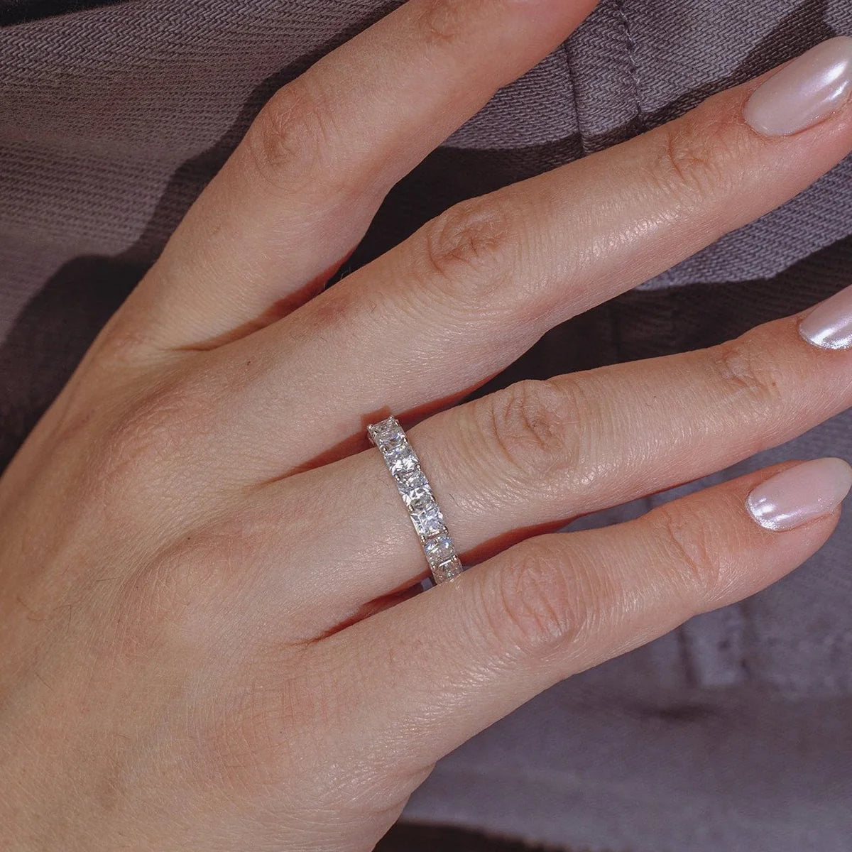 Rhodium Plated 925 Sterling Silver Moissanite 3.8mm Eternity Band Ring