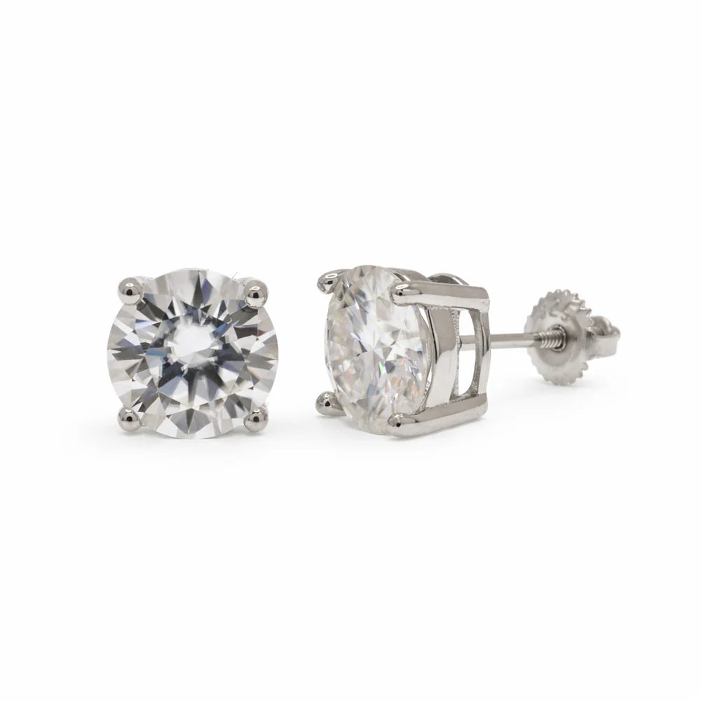 Rhodium Plated 925 Sterling Silver Round Moissanite Screw Back Earring