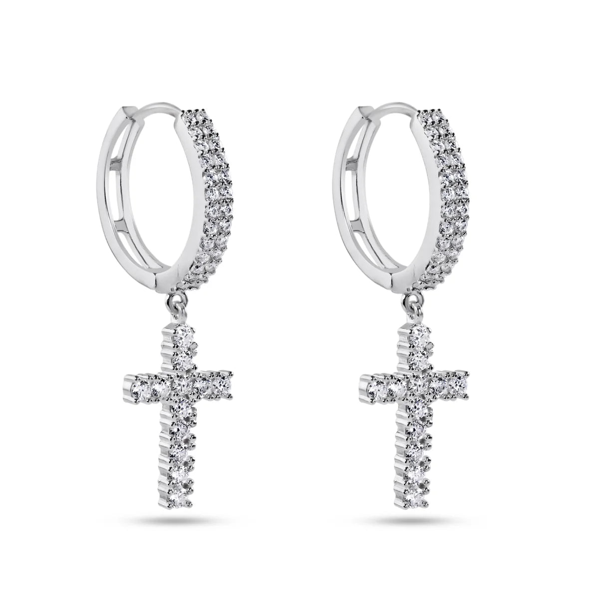 Rhodium Plated 925 Sterling Silver Moissanite Cross Hoop Earring