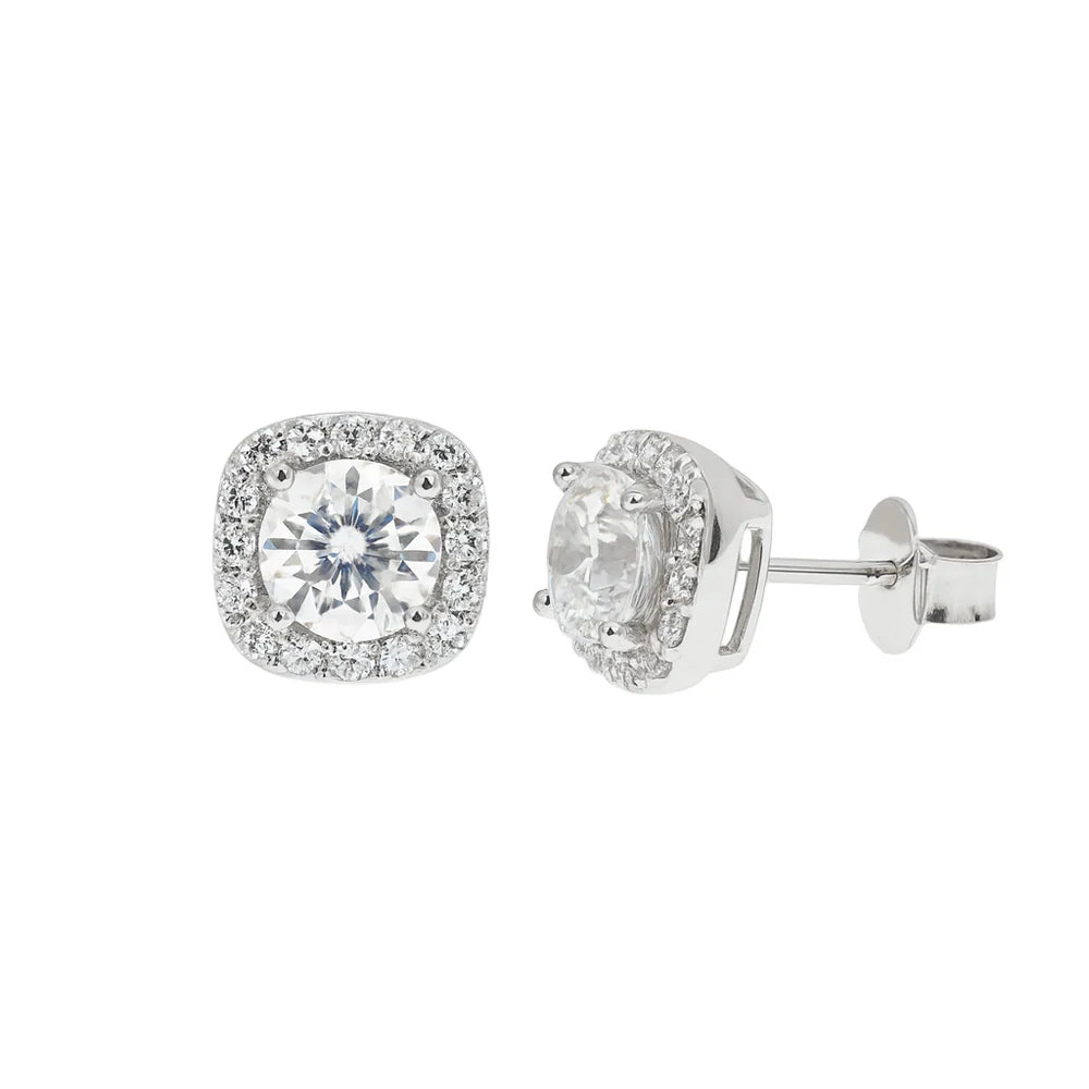 Rhodium Plated 925 Sterling Silver Moissanite Cushion Halo 7.6mm Stud Earring
